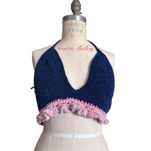 Handmade Crochet Velvet navy blue and pink festival / rave halter top